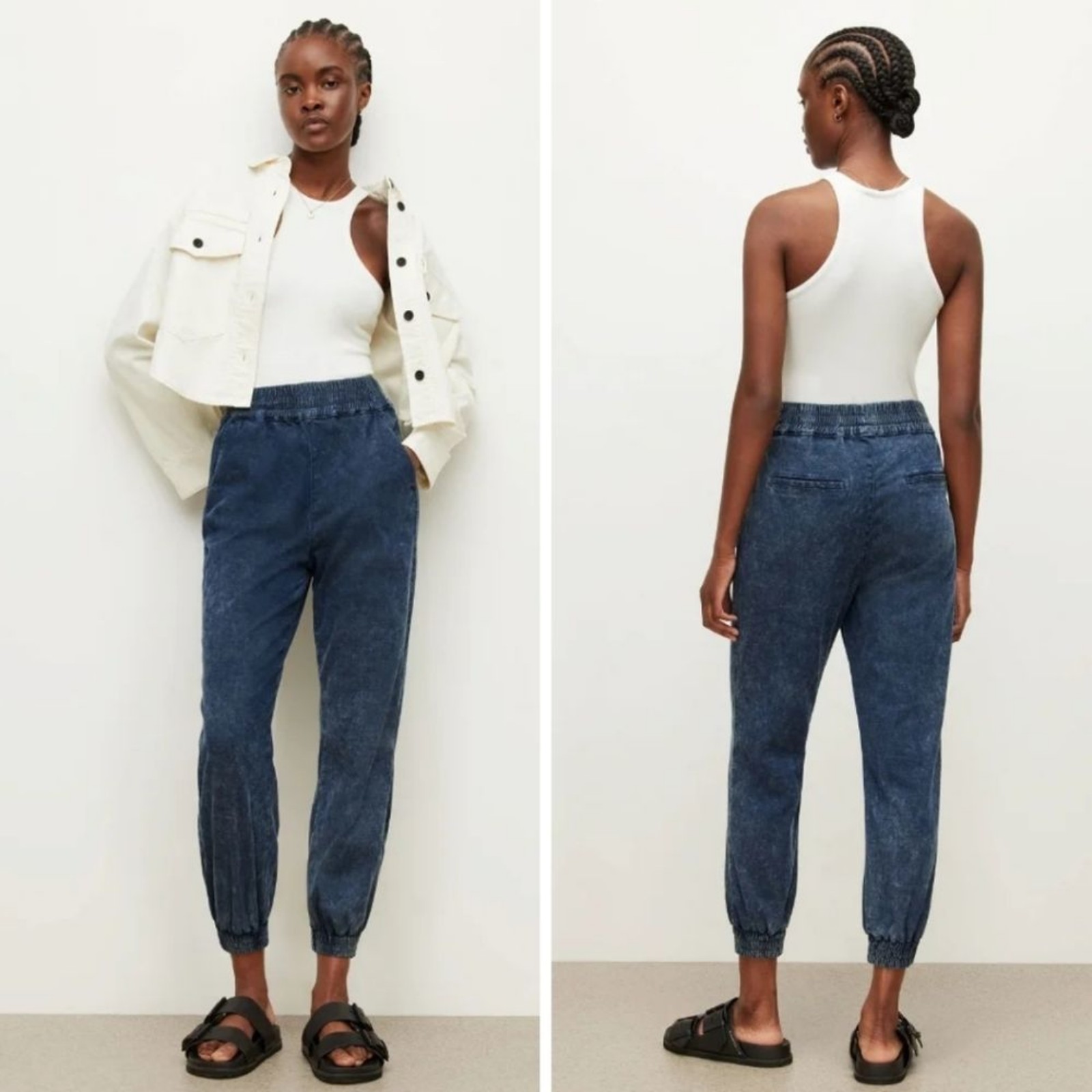 New! AllSaints 155 Yara Denim Jogger Snow Indigo Pull On Pants 10