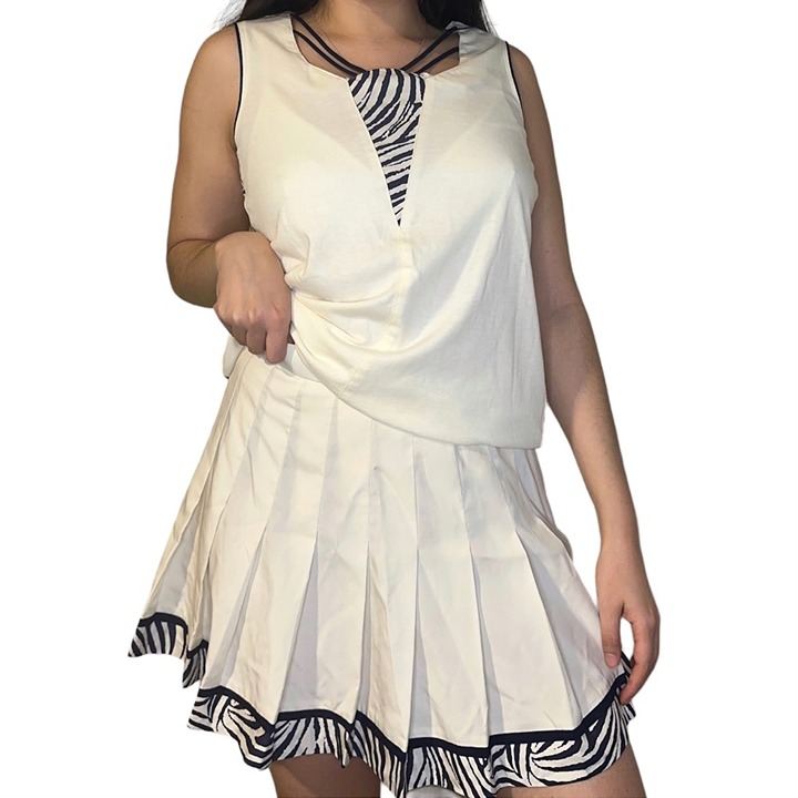 VTG White Zebra Print Pleated Tennis Skirt and Top Two Piece Set Mob Wife