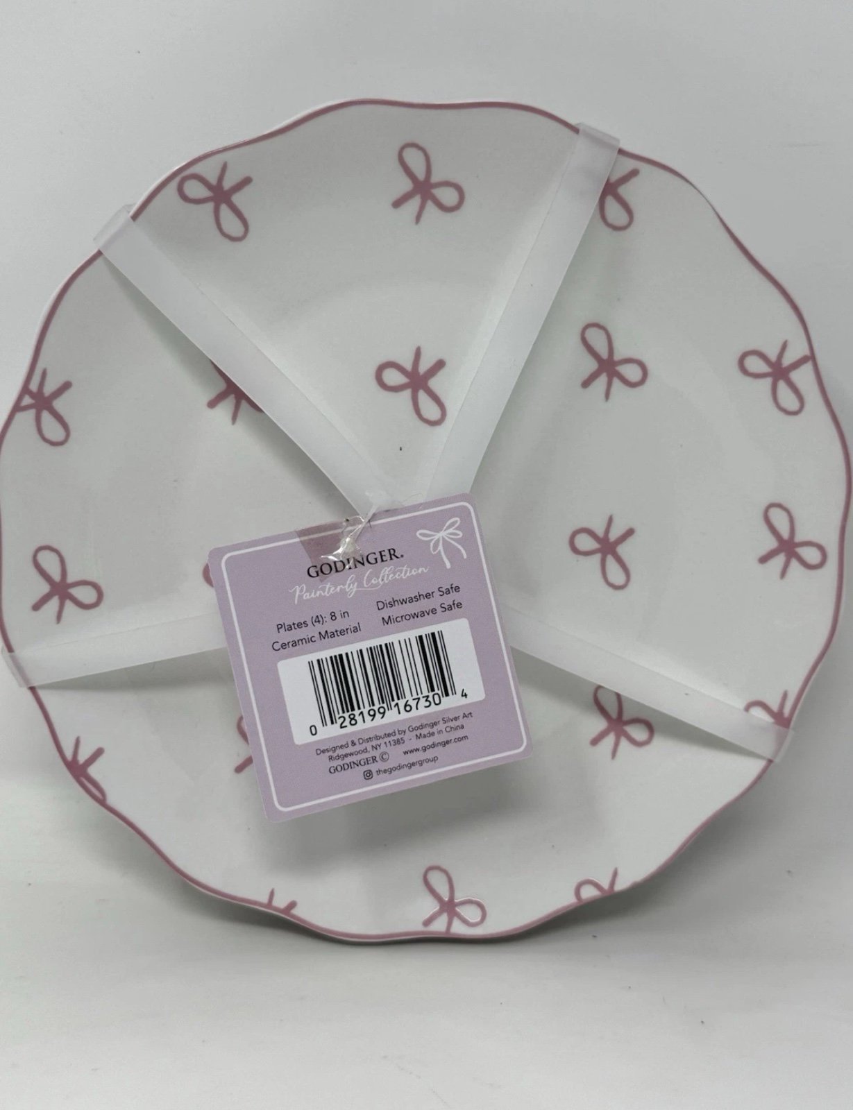 Godinger Painterly Pink Ribbon Coquette 8” Ceramic 4 Salad Plates Simply Bow NWT
