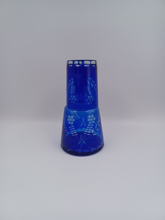 Vintage Cut to Clear Bohemian Cobalt Blue Glass Bed Side Tumble Up Decanter