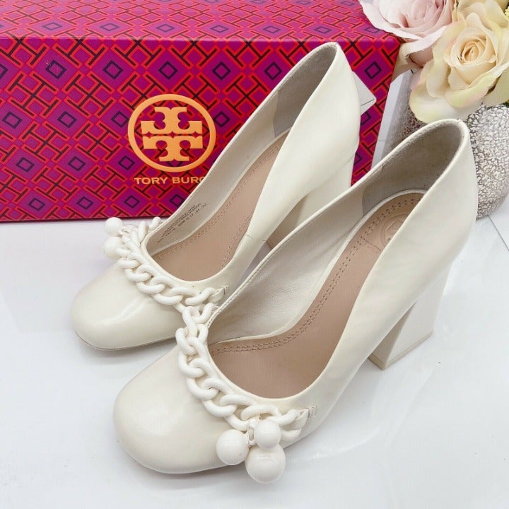 Tory Burch Addison Square Toe Block Heel Pump Leather Ivory Glossy Leather US 5