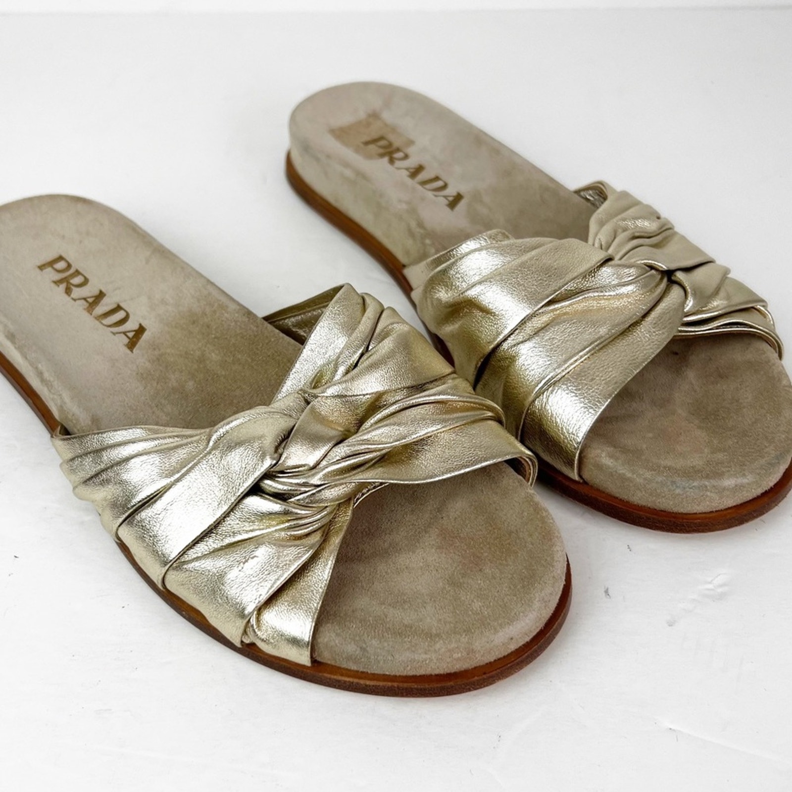 SZ 37.5 Prada Metallic Gold Leather Slide Sandals