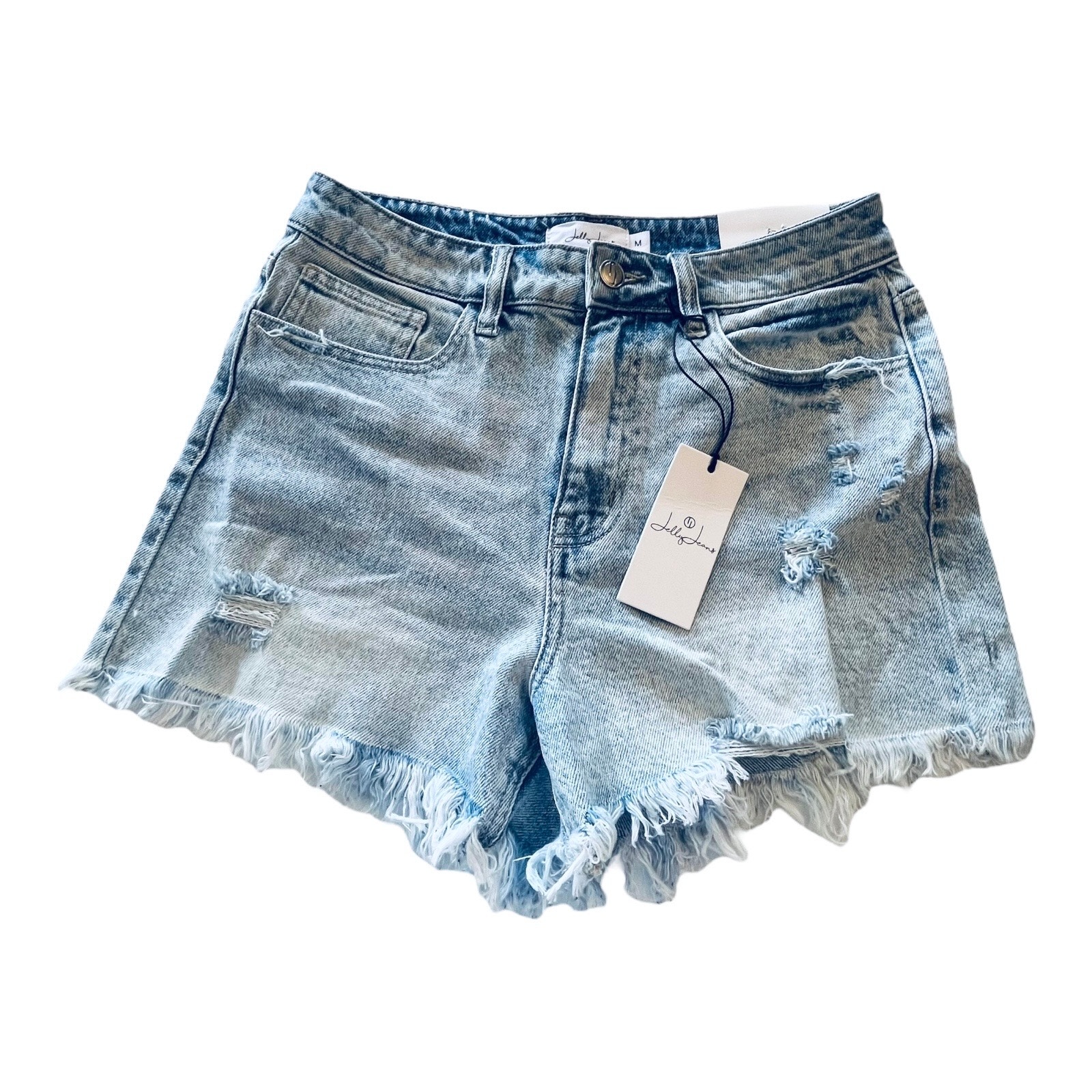 NEW Jelly Jeans SHORTS Women's MED 28 Distressed Light Blue Mid Rise Denim Fray