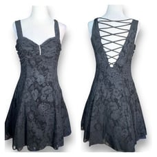 Vintage Zum Zum Black Floral Flocked Fit & Flare Mini Dress Open Lace-Up Back