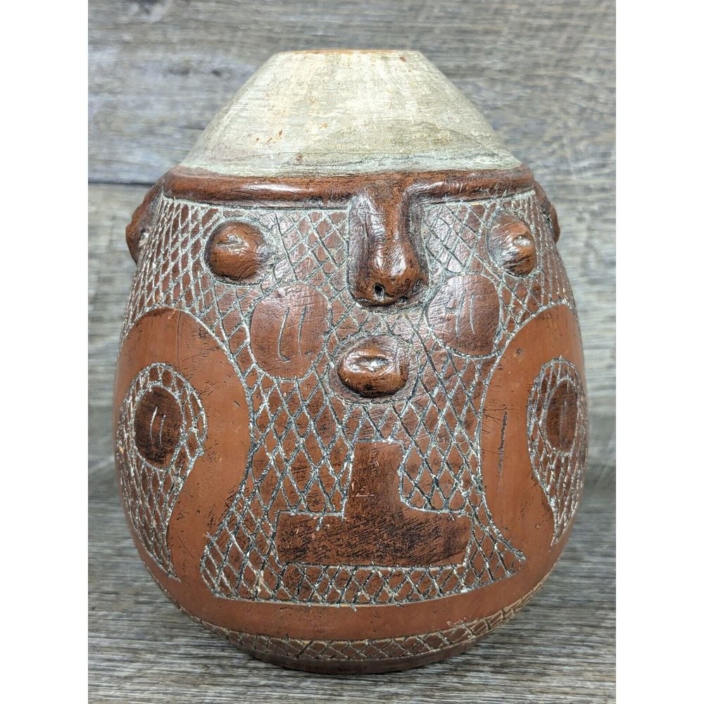 Vintage Marajoara Terra Cotta Vessel Pot Amazon Brazil Red Clay Face Pottery