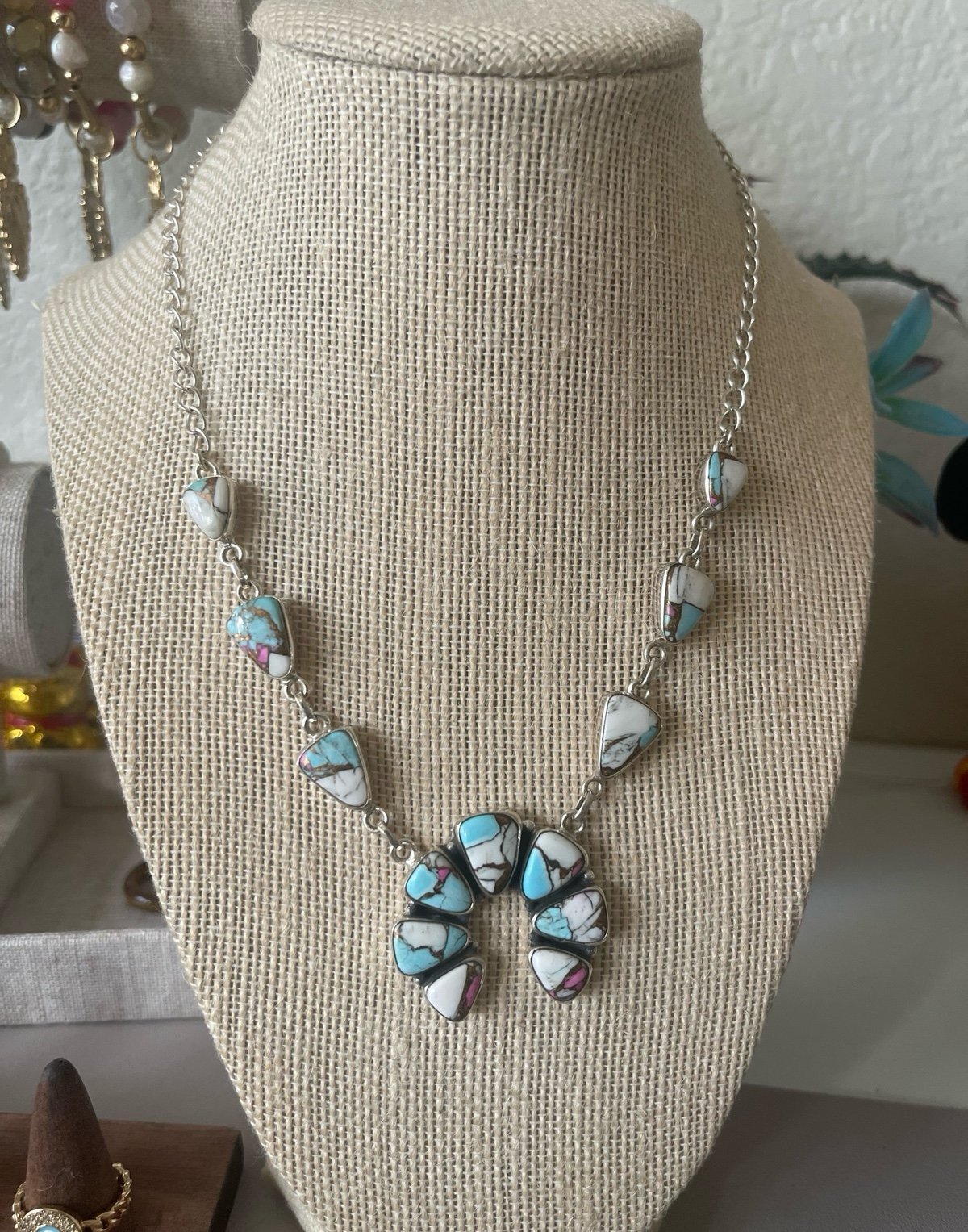 Necklace cotton candy sterling silver squash blossom