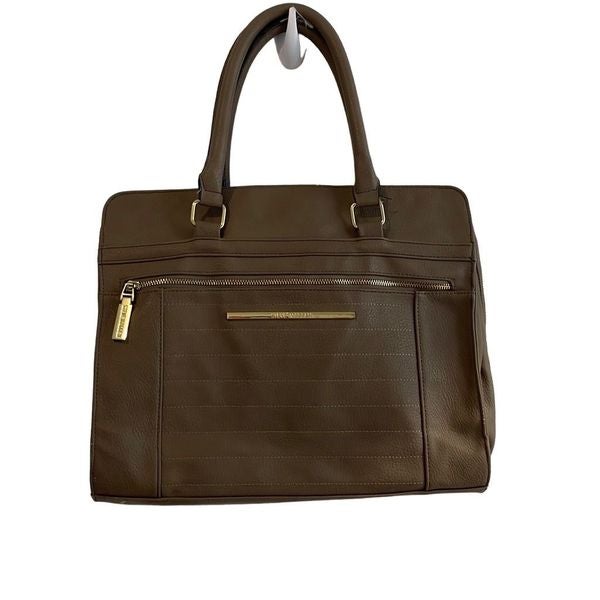 Steve Madden work tote taupe vegan leather gold hardware interior pockets laptop
