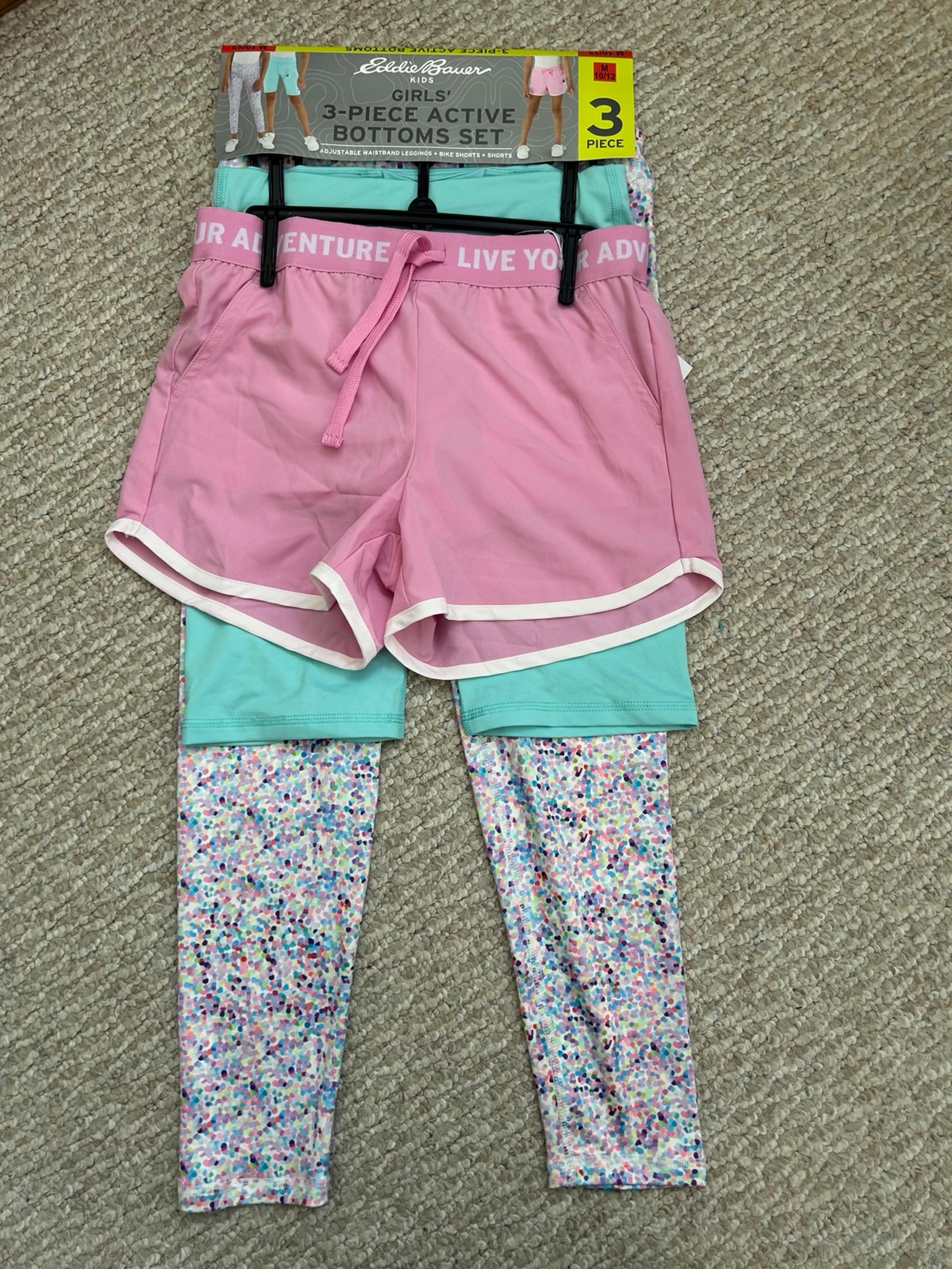 NWT Girl's Eddie Bauer 3pc Active Bottoms Set Leggings Shorts Size M (10/12)