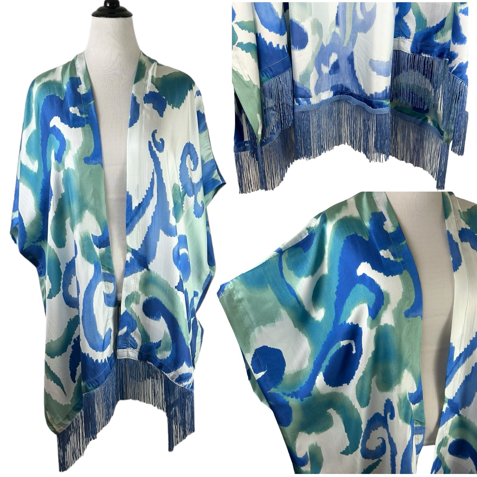 CHICO'S New Whimsical Scroll SILK KIMONO Cover Up Cardigan OS Fringe Boho Artsy