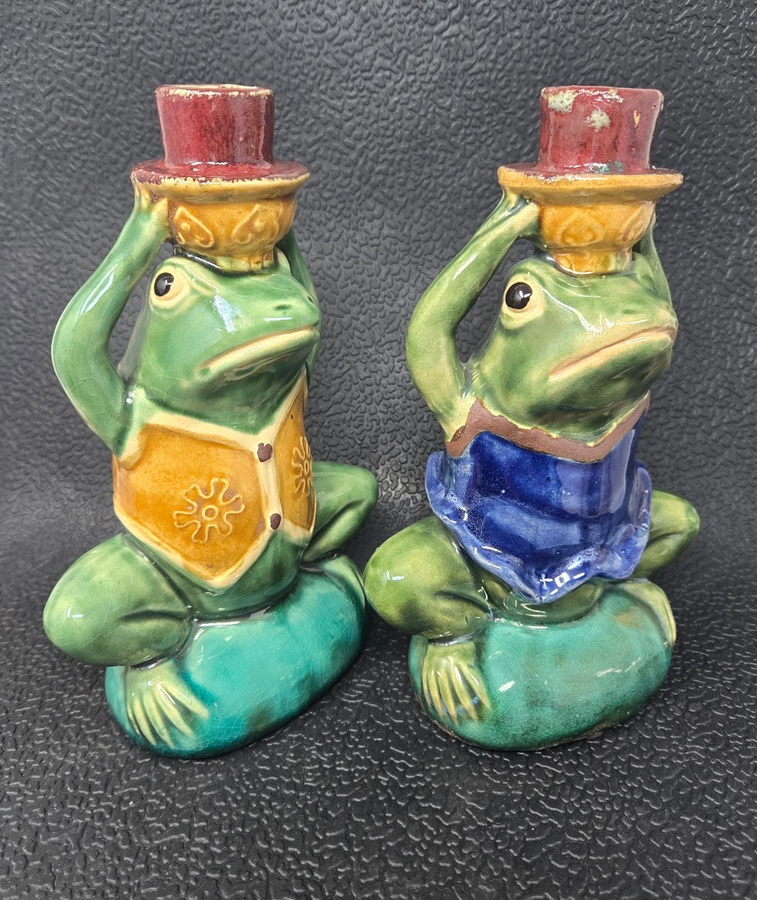 VTG Ceramic Frog Candle Stick Figurines Set of 2 Boy Girl Glazed MCM Kitchy