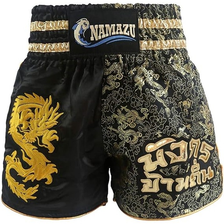 NAMAZU Dragon Muay Thai MMA Boxing Kickboxing Shorts in Black & Gold, Size Large
