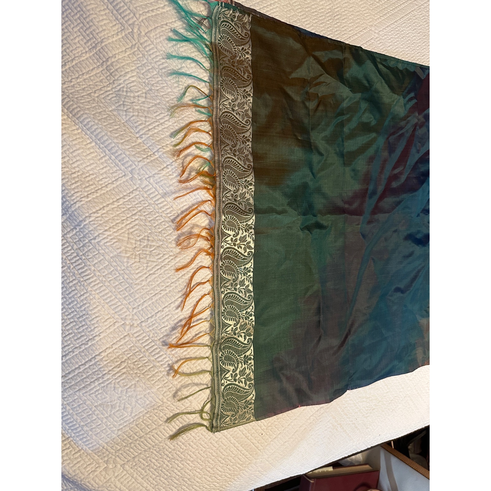 CIE Hand Made fringed silk green and brown iridescent scarf Made in India