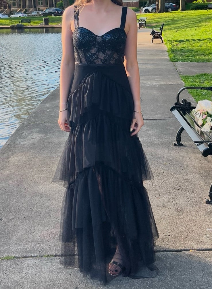 BLACK PROM DRESS W/ CORSET AND TIERED RUFFLES