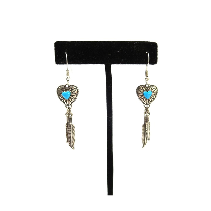 Pair of Sterling Silver Native American Southwest Turquoise Heart Earrings