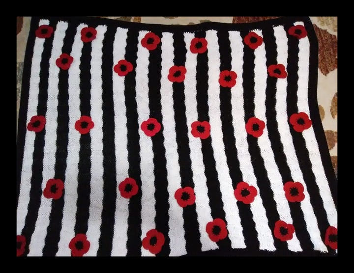 black and white striped knitted blanket with red flowers, striped floral blanket