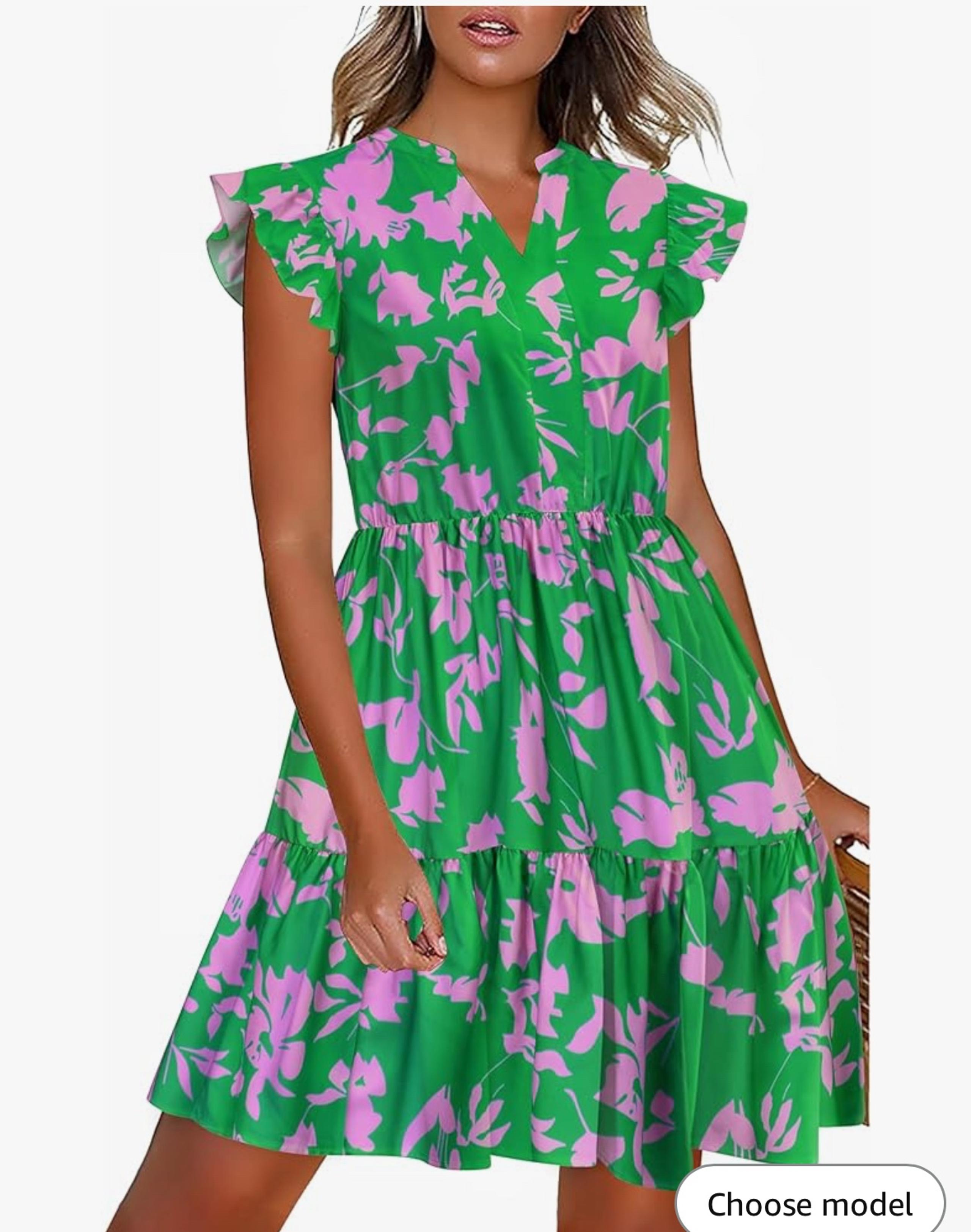 Short Ruffle Sleeve Tiered Mini Dress with Pockets - Pink and Green Floral