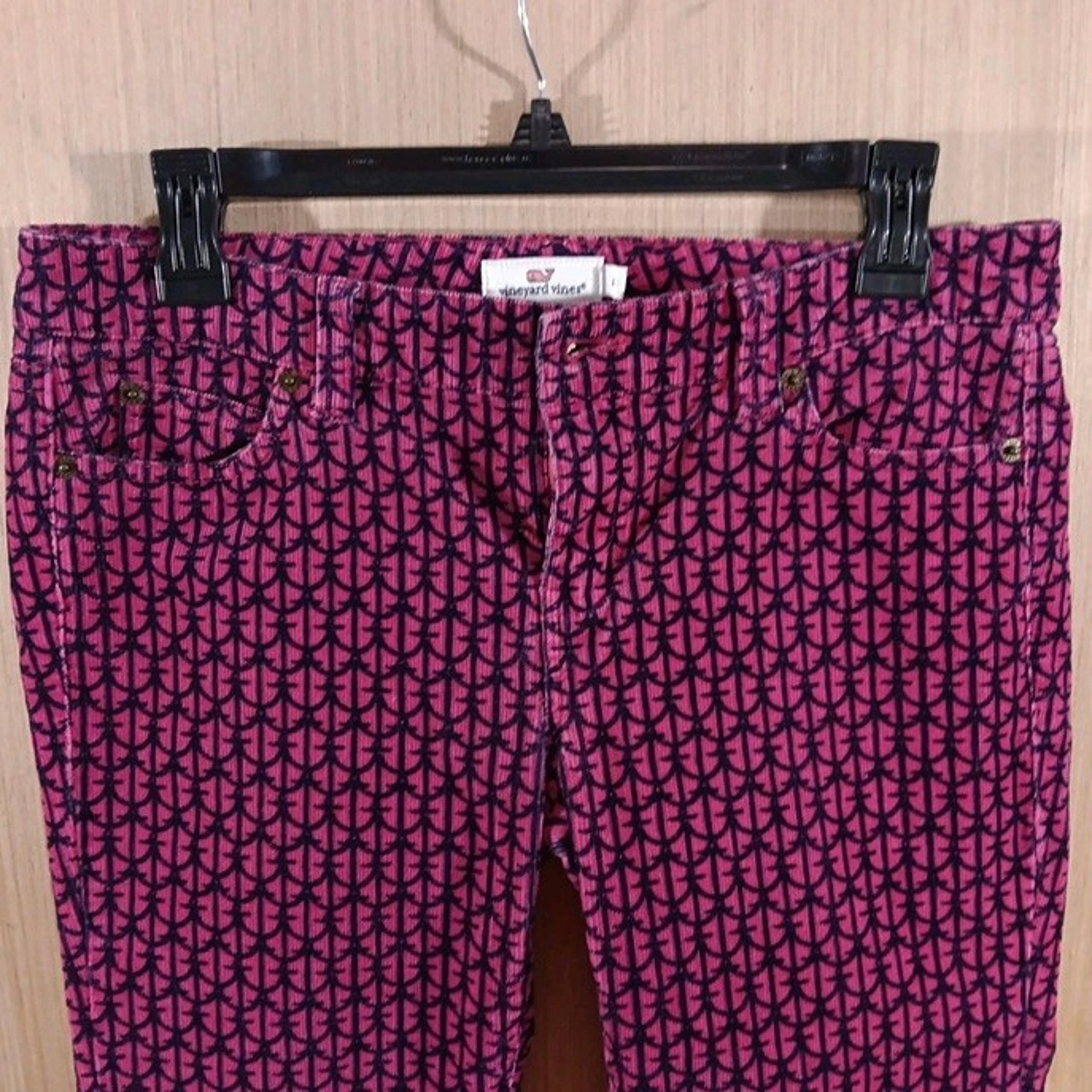 Vineyard Vines Size 4 Womens Corduroy PantsPink Anchor Novelty Print Slim Leg