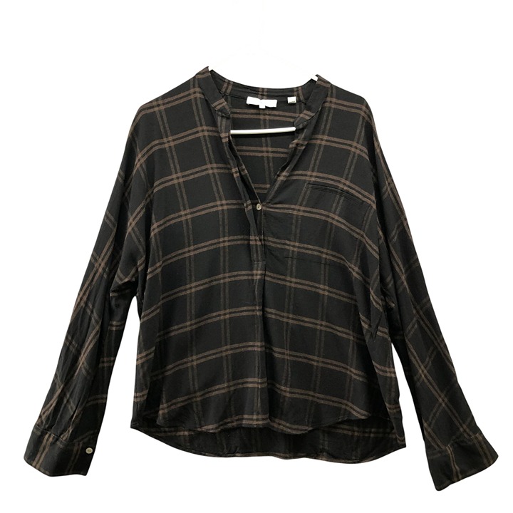 Vince Band Collar Top Womens M Brown Black Plaid Long Sleeve Wool Blend