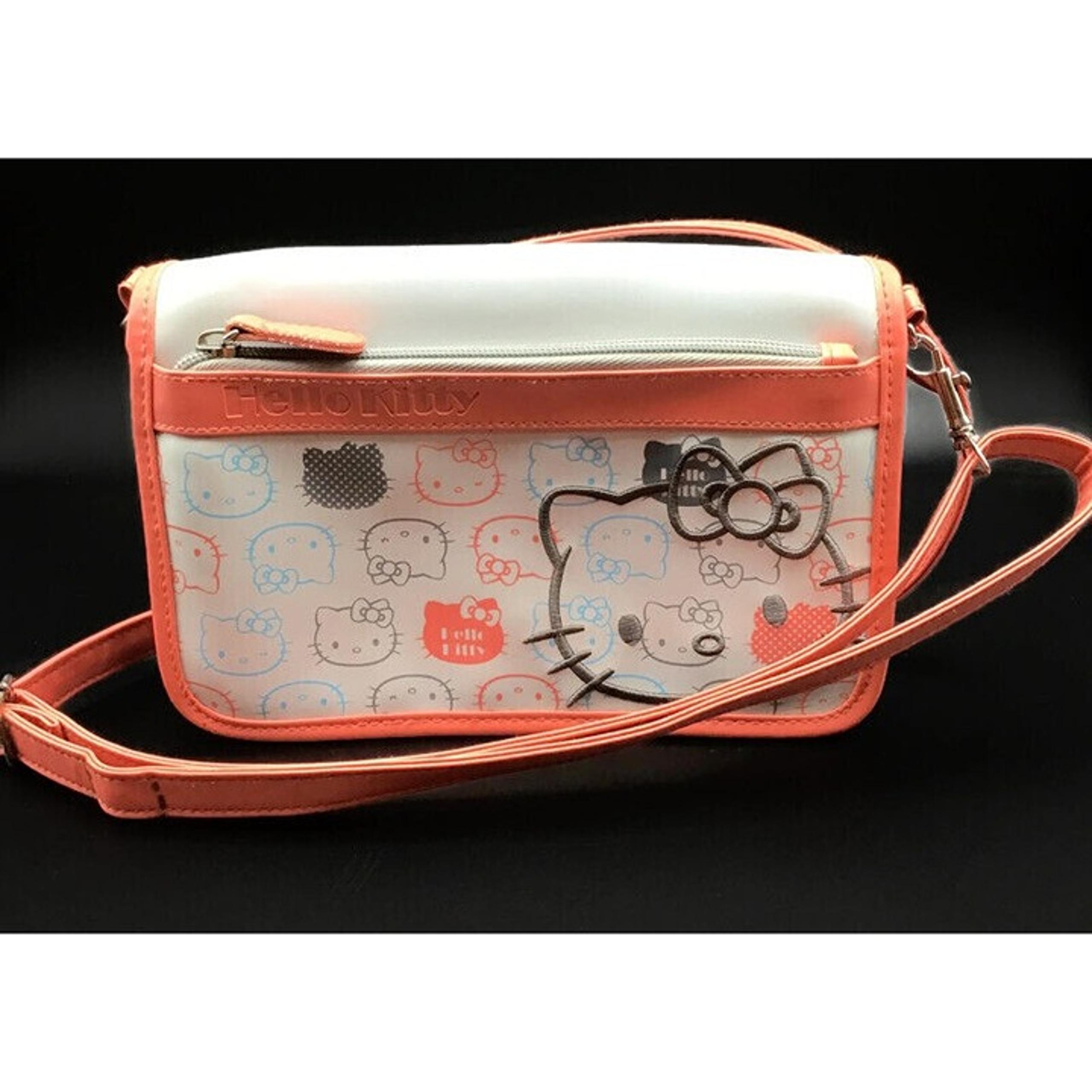 Hello Kitty Purse Gray Coral Pink Crossbody Shoulder Bag Zippered Pockets Sanrio