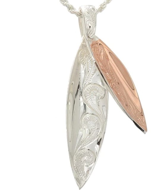 Silver Two Tone Pink Gold Plated Hawaiian Scroll Double Surfboard Pendant