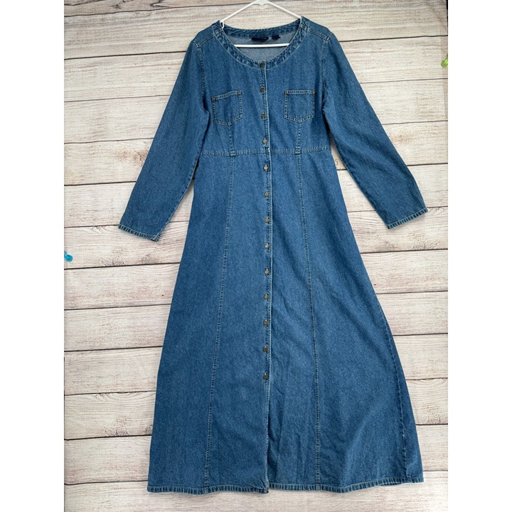 Vintage Crazy Horse Button Down Denim Maxi Dress Women's XL Blue Medium Wash