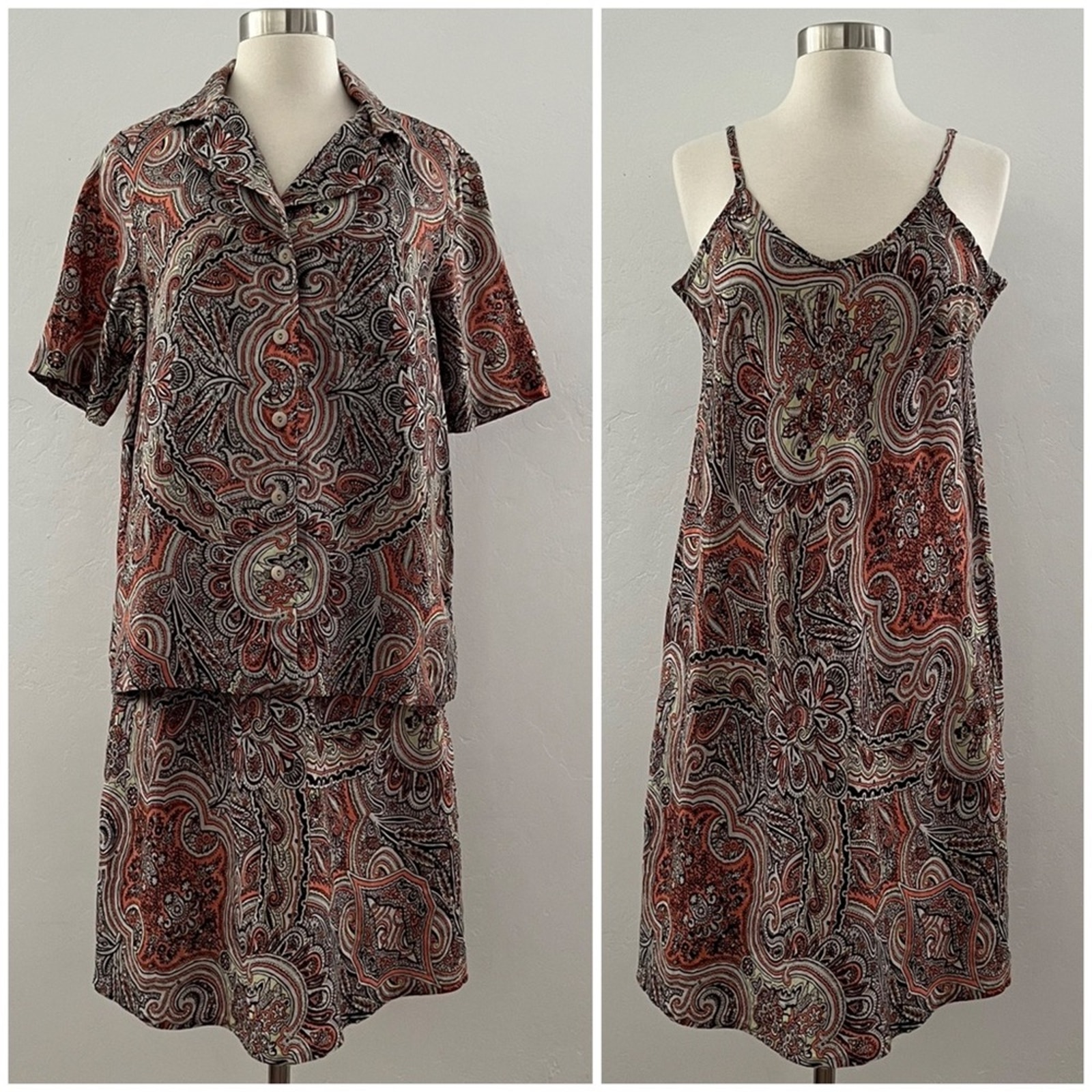 Flax 2 Piece Set Sleeveless Dress Button Up Top Linen Breathable Paisley Small