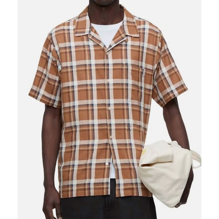 CLOSED Mens L Checked Shirt Sandalwood Plaid Checkered Cotton Linen Blend Button