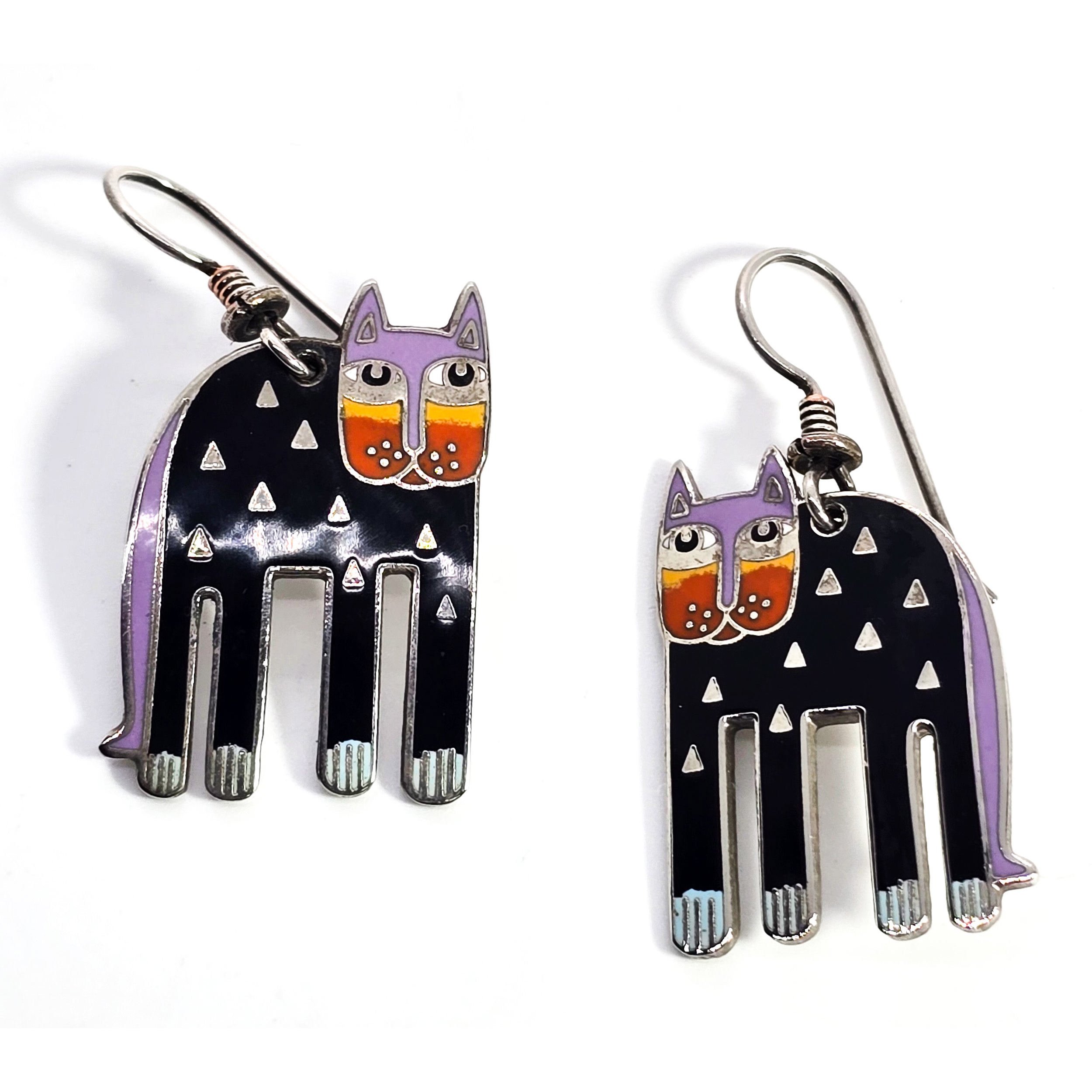 Laurel Burch Alexander's Animal Cat enamel Rhodium plated vintage Earrings 1980