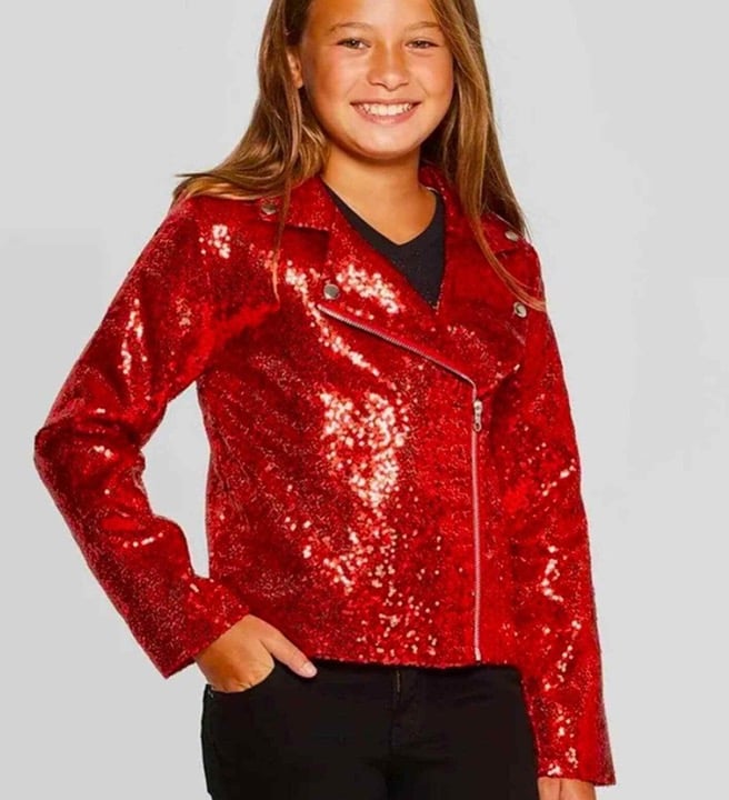 Girls' Nickelodeon JoJo Siwa Long Sleeve Zip Moto Sequin Jacket Red XL (14/16)