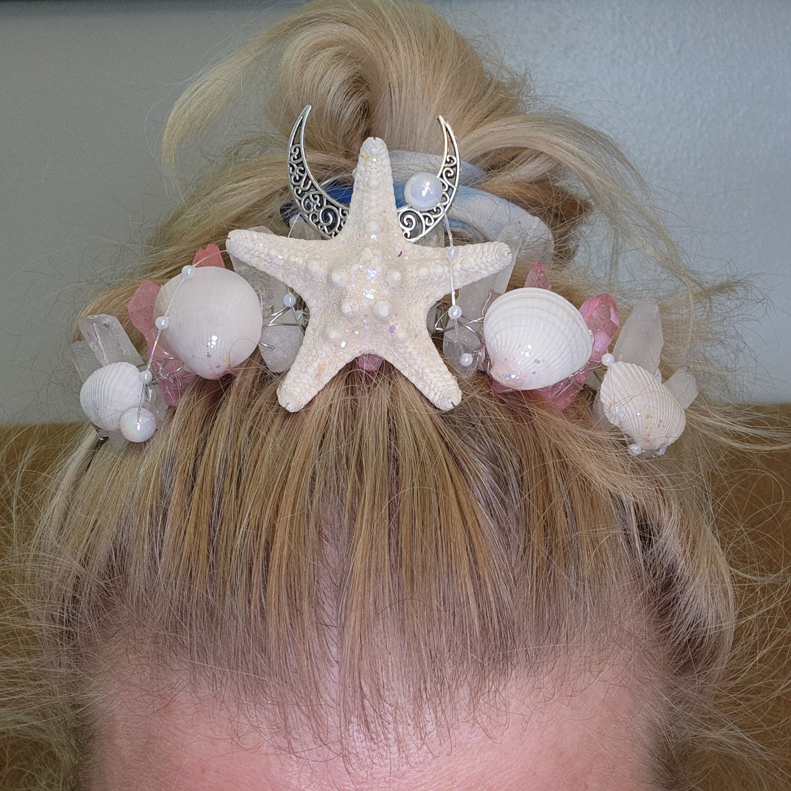 Mermaid Crown Pink & White Crystal Quartz, Shell, Starfish, Pearls, & Moon!