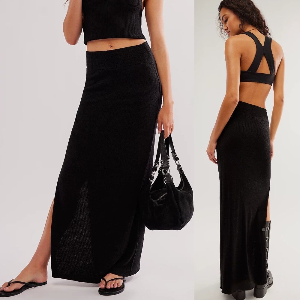 Free People Black Ribbed Knit Golden Hour Maxi Skirt Womens Size Small