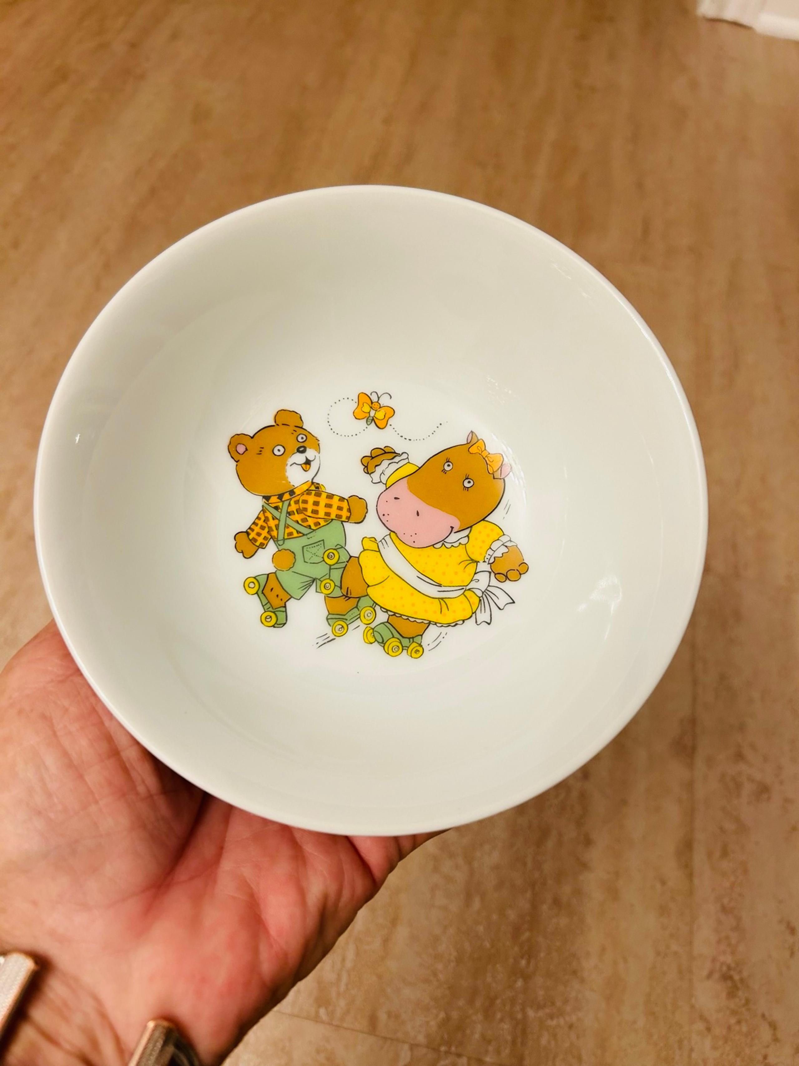 Vintage Japan porcelain Child’s Baby bowl Hippo/Bear roller skating colorful