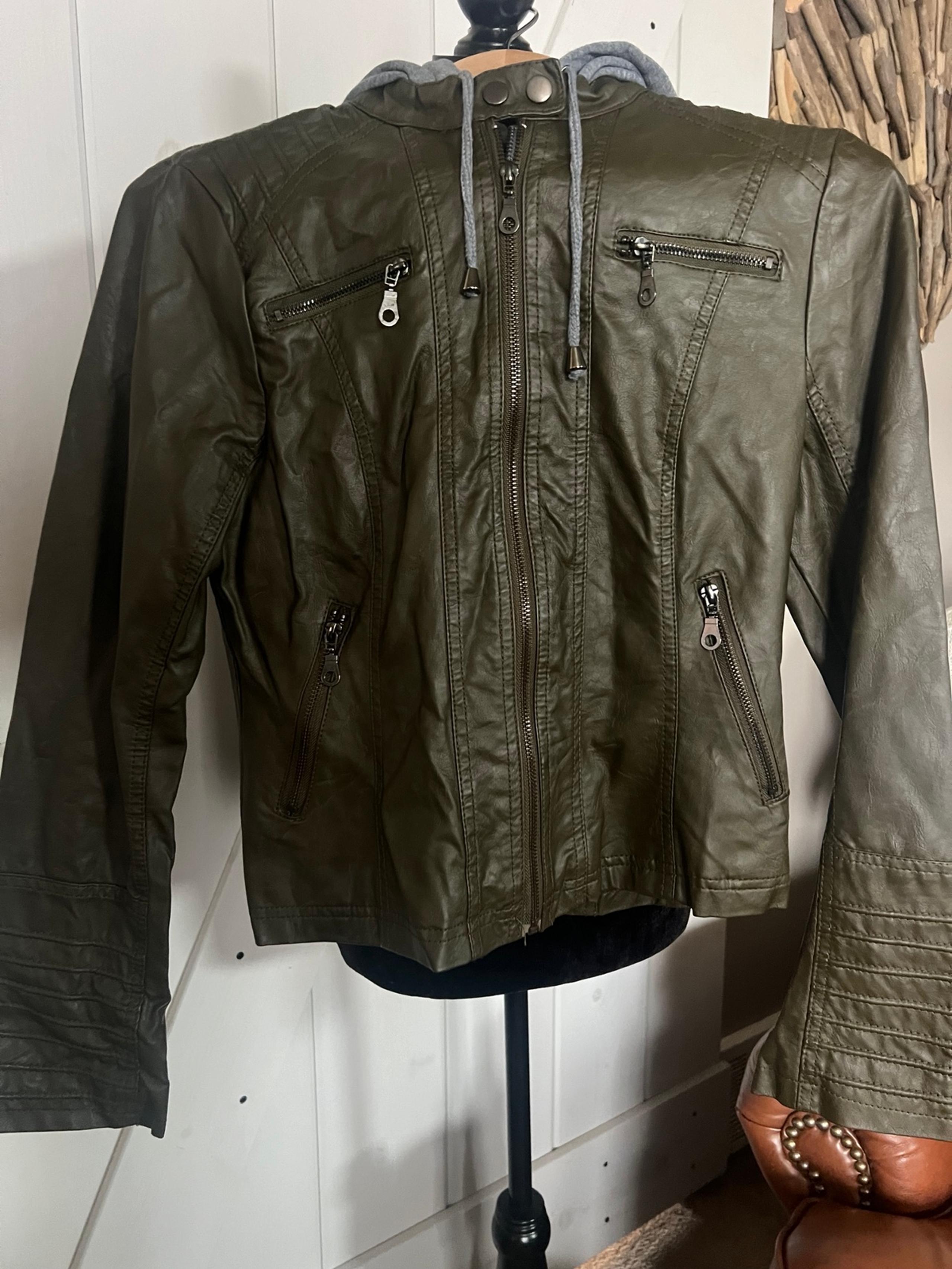 Maralyn & Me Women’s Olive Green Jacket with Gray Hood Size Small