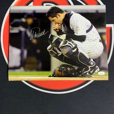 Jorge Posada Squatting New York Yankees 8x10 Autographed Photo JSA Certified