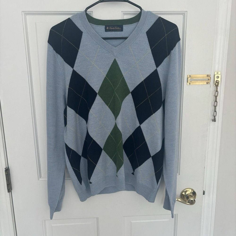 Brook's Brothers Men's Blue Argyle Sweater Size Medium 100% Merino Wool