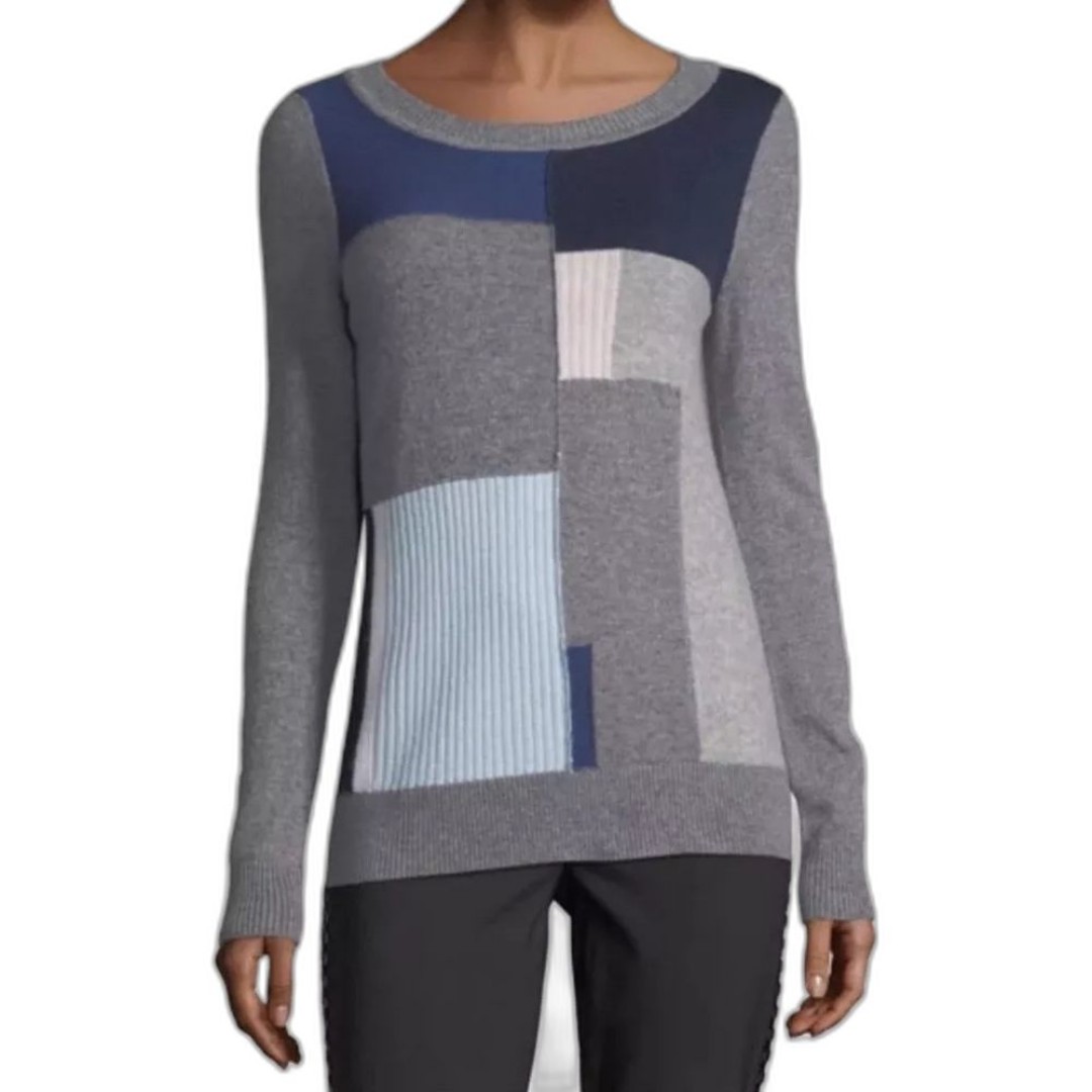 Diane Von Furstenberg Zandra Blue & Gray Patchwork Crew Neck Cashmere Sweater