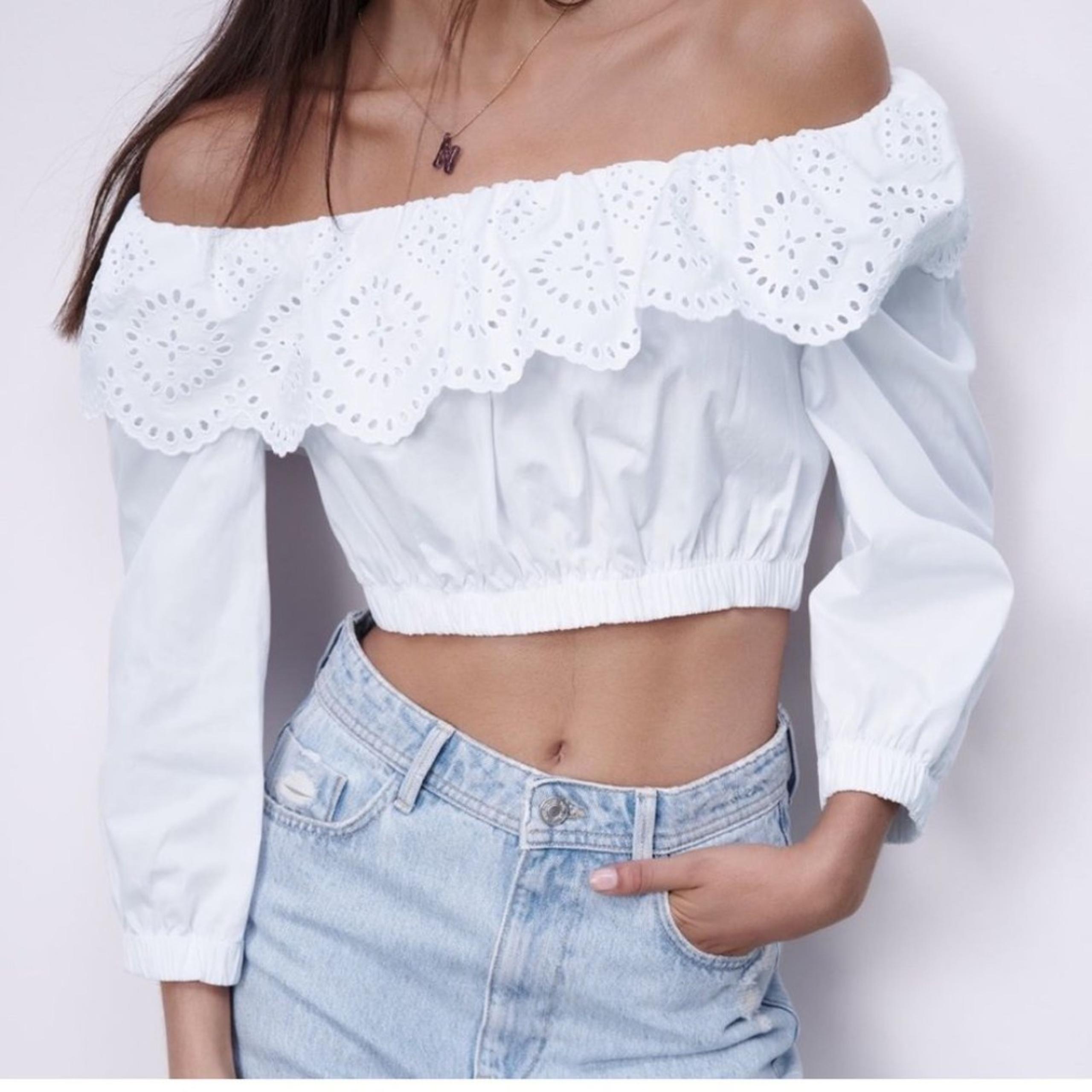 Zara Embroidered Eyelet Poplin Off Shoulder Crop Top White NWT Size L