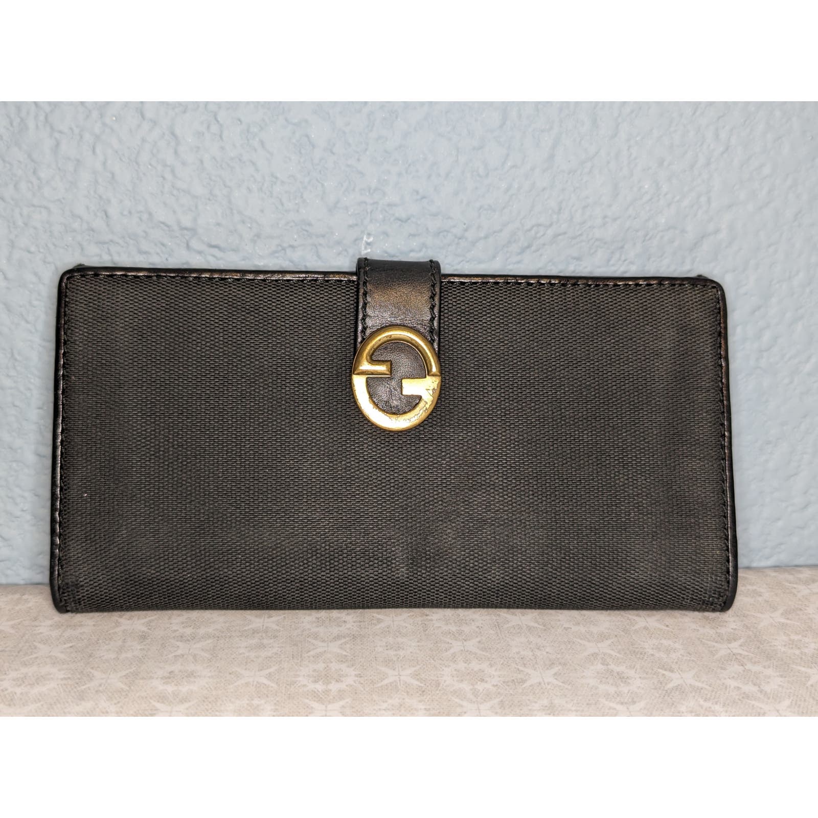 Gucci Black GG Logo Long Wallet Unisex Authentic Leather and Canvas Vintage