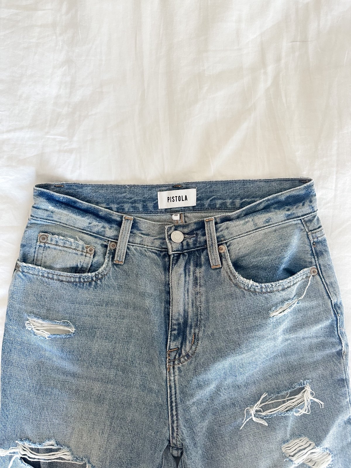 Pistola Distressed Light/Acid Washed Mom Straight Leg Baggy Jeans