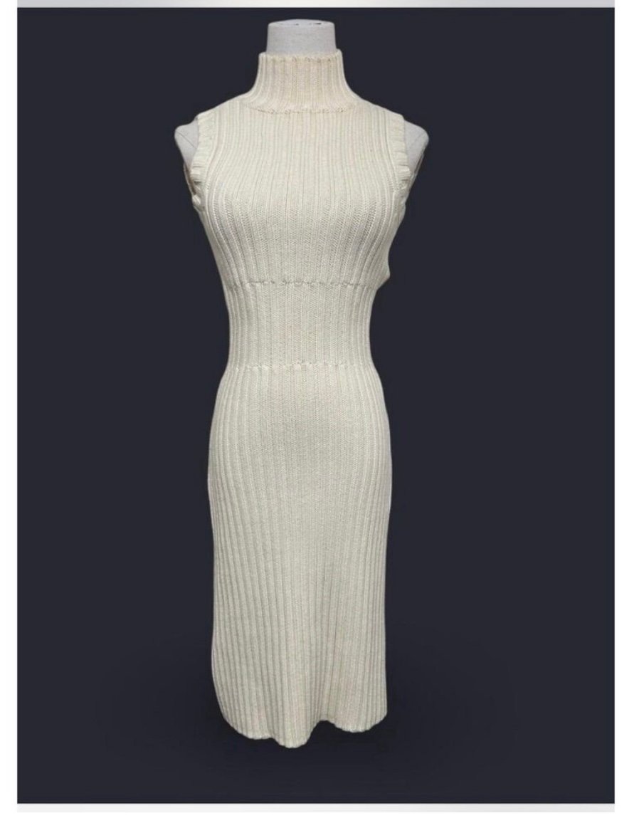 Vintage MODA International Cream Sleeveless Ribbed Mock Neck Midi Sweater Dress