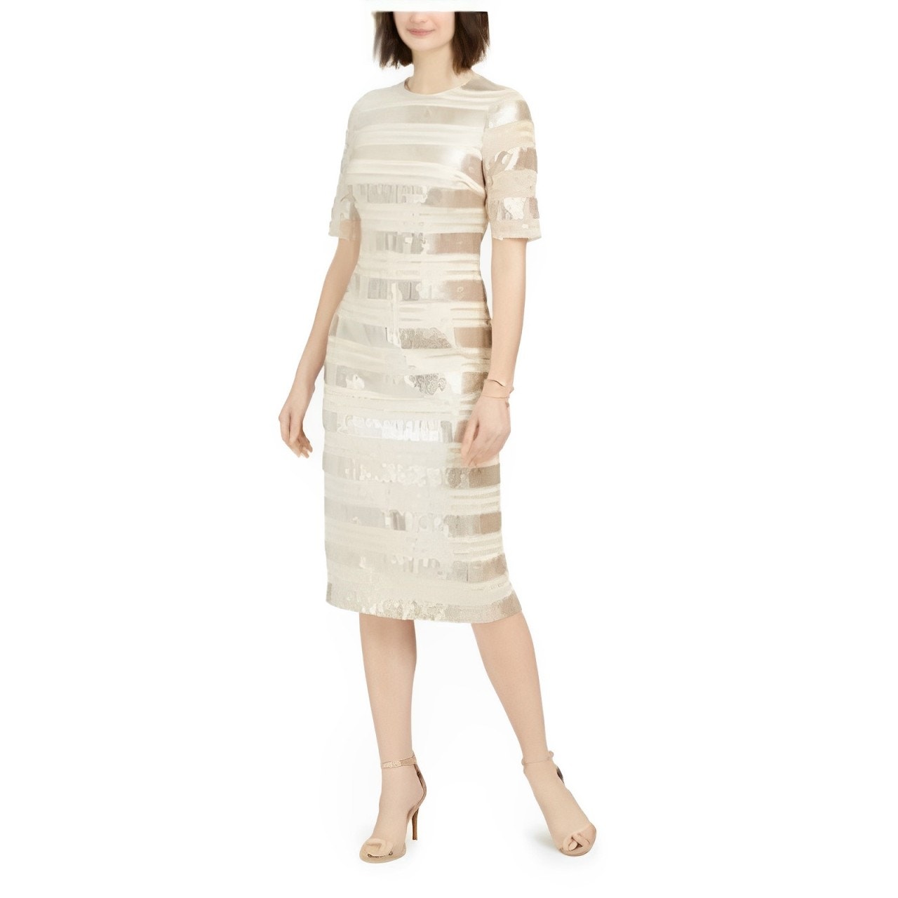 VINCE CAMUTO NEW 228 Sequin Stripe Midi Dress in Champagne Size 0