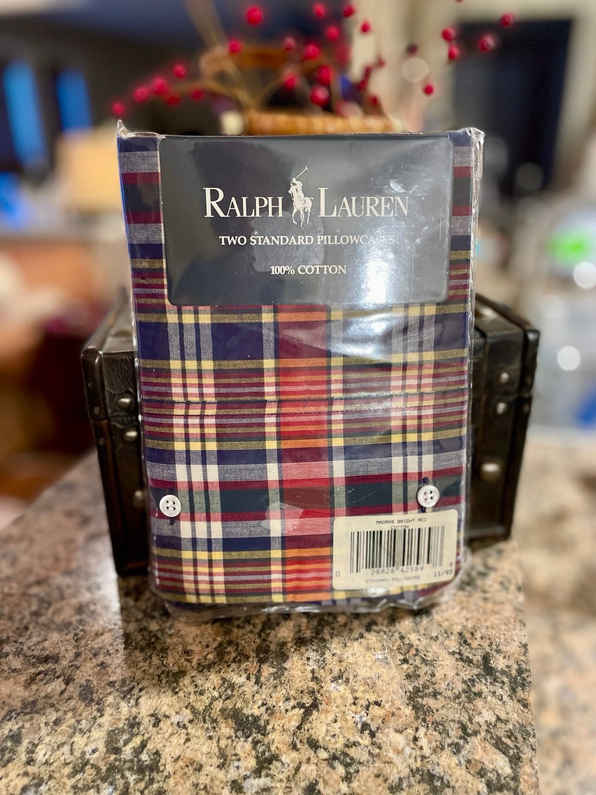 Ralph Lauren MADRAS Bright Red Plaid Checked 2 Standard Pillowcases With Buttons