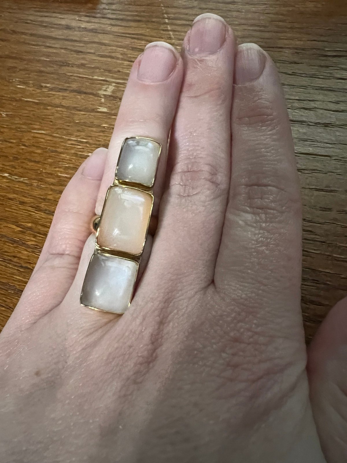 Gorgeous Alchemia gold peach, and grey moonstone ring
