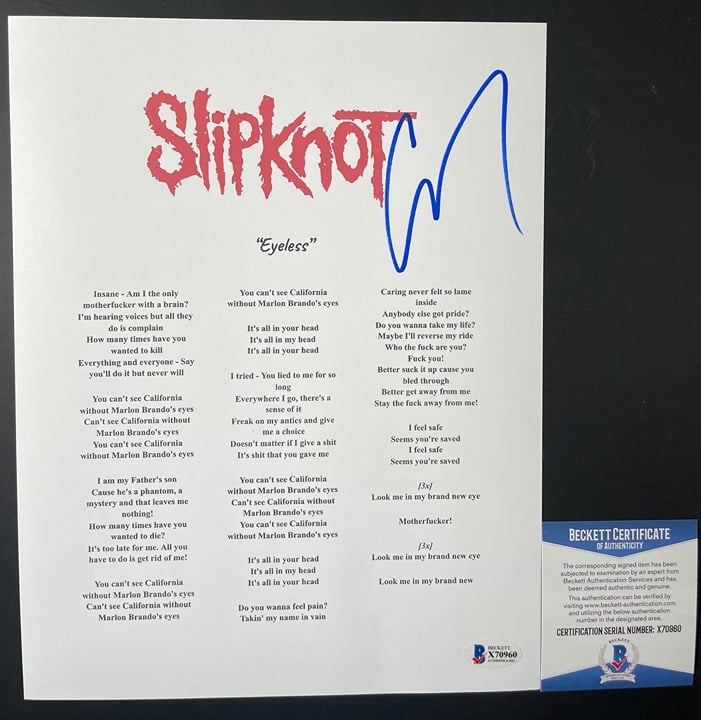 Corey Taylor Signed Slipknot Eyeless Lyric Sheet Autograph Stone Sour BAS COA