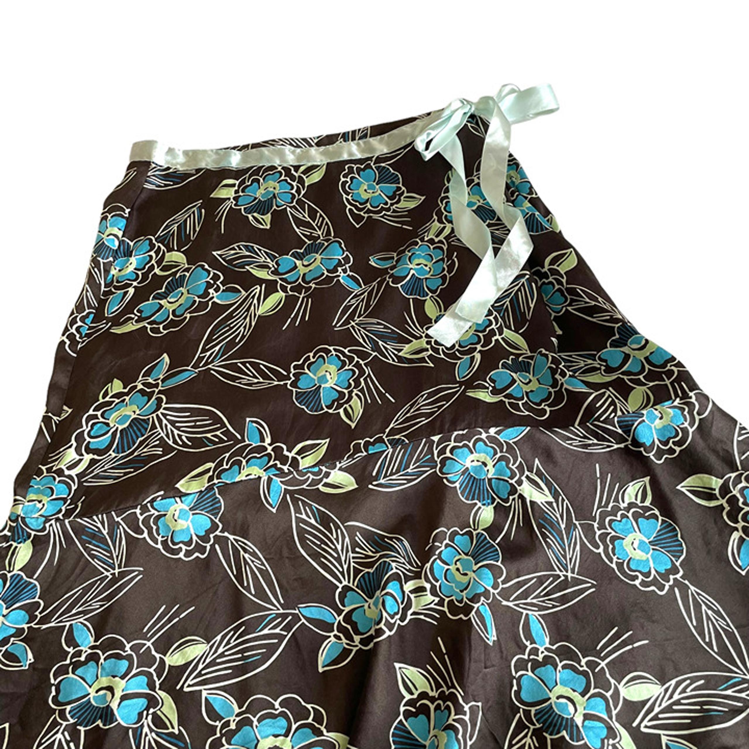 Vintage Y2K New York & Company A Line Midi Skirt Size 14 Brown Blue Floral Silk