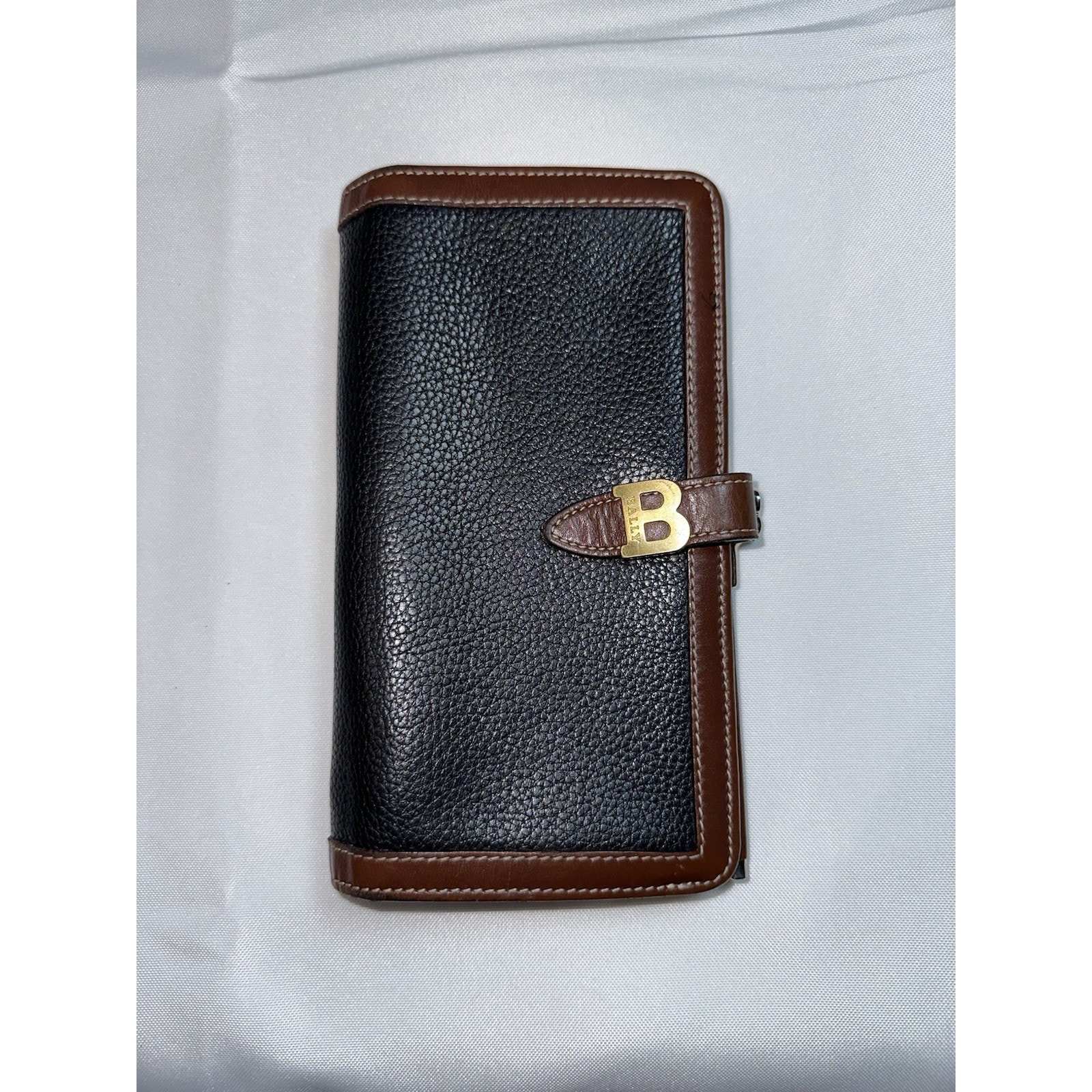 Vintage BALLY Bifold Tab Kisslock Slim Leather Contrast Trim Wallet Black Brown