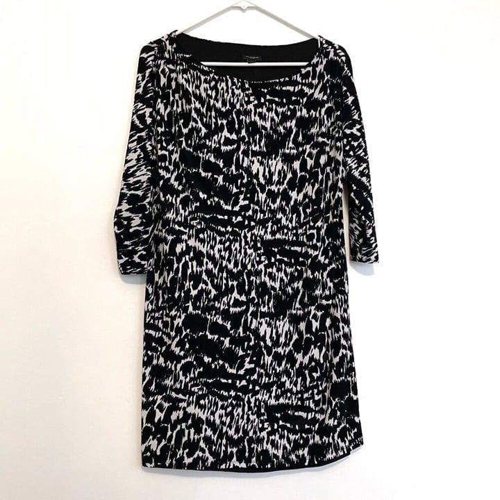 ANN TAYLOR Graphic Sonnet Print Tie Waist Dress Black White Geo Sheath NO BELT M