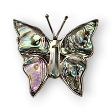 Vintage Mexico Butterfly Brooch Abalone Shell Wings Alpaca Silver 1 1/8 Wide