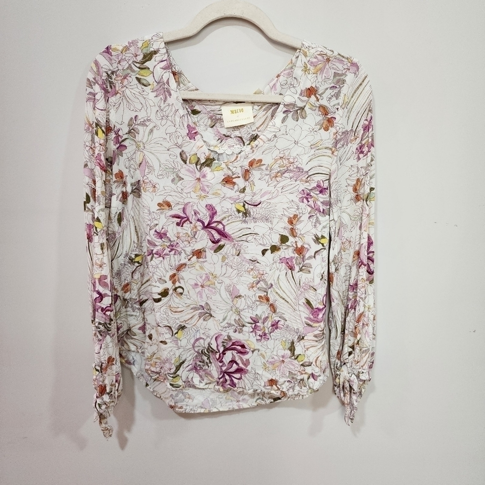 Maeve pernille white floral blouse tie sleeve size small