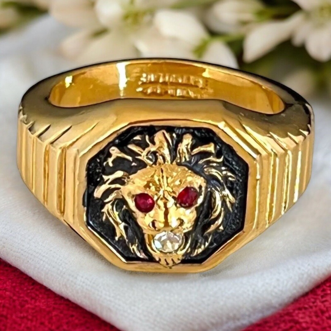 Vintage Signet Ring Clark and Coombs Size 10 Lion Crystal Gold Plate Gent's 14P